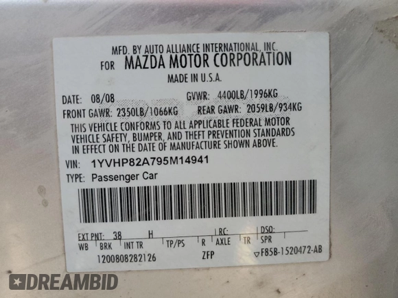 2009 Mazda 6 i Touring with VIN 1YVHP82A795M14941, listed as a Copart auction lot 86374814 with 205,336 mi miles and Salvage Title. Bid and sale history available at carsss.com. Image 12.
