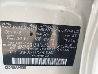 2017 Hyundai Elantra SE with VIN 5NPD74LFXHH141807, listed as a IAAI auction lot 42519349 with 95,249 mi miles and . Bid and sale history available at DreamBid. Image 9.