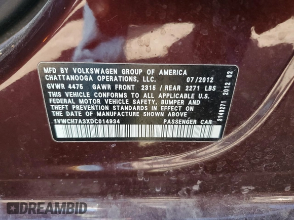 2013 Volkswagen Passat SEL Premium z VIN 1VWCH7A3XDC014934, wystawiony jako Copart lot #47226015 z przebiegiem 163 443 mil mil oraz Czysty tytuł • Clean title. Historia ofert i sprzedaży dostępna na DreamBid. Obrazek 12.