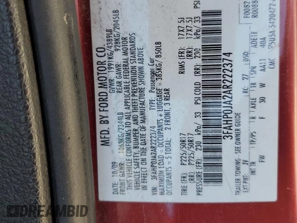 2010 Ford Fusion SEL with VIN 3FAHP0JA2AR222374, listed as a Copart auction lot 53811025 with 221,593 mi miles and Clean Title. Bid and sale history available at DreamBid. Image 12.