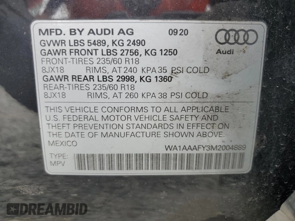 2021 Audi Q5 Premium with VIN WA1AAAFY3M2004889, listed as a Copart auction lot 56848775 with 84,071 mi miles and Salvage title. Bid and sale history available at DreamBid. Image 13.