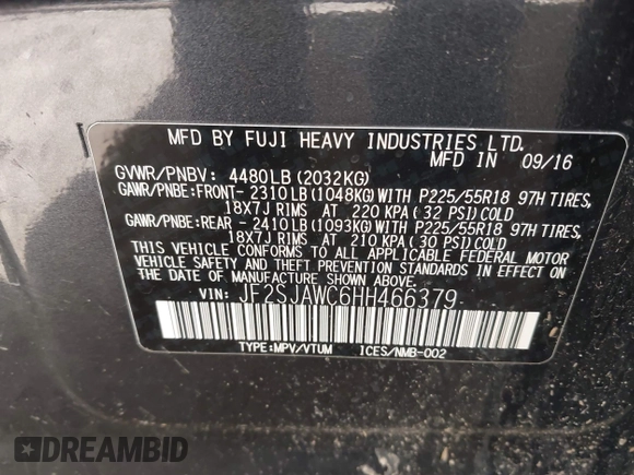 2017 Subaru Forester Touring with VIN JF2SJAWC6HH466379, listed as a IAAI auction lot 42031728 with 140,020 mi miles and . Bid and sale history available at DreamBid. Image 9.