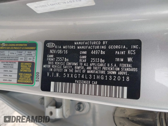 2017 Kia Optima LX with VIN 5XXGT4L31HG132018, listed as a IAAI auction lot 42364323 with 179,333 mi miles and . Bid and sale history available at DreamBid. Image 9.