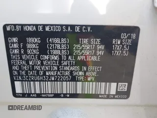 2018 Honda HR-V LX with VIN 3CZRU6H32JM722057, listed as a IAAI auction lot 41804600 with 100,468 mi miles. Bid and sale history available at carsss.com. Image 9.