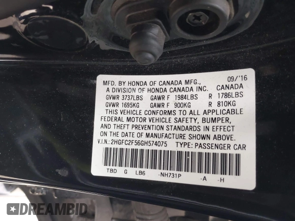 2016 Honda Civic Sedan LX with VIN 2HGFC2F56GH574075, listed as a IAAI auction lot 41904230 with 118,869 mi miles. Bid and sale history available at carsss.com. Image 9.