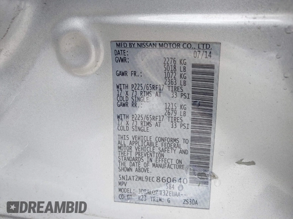2014 Nissan Rogue SV with VIN 5N1AT2ML9EC860640, listed as a IAAI auction lot 42104247 with 155,929 mi miles and . Bid and sale history available at DreamBid. Image 9.