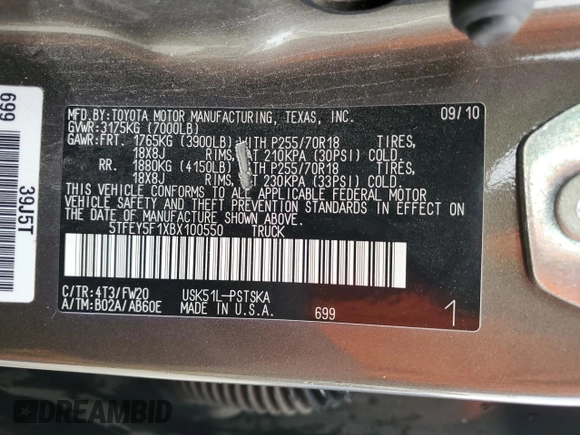 2011 Toyota Tundra z VIN 5TFEY5F1XBX100550, wystawiony jako Copart lot #88046105 z przebiegiem Nie podano mil oraz Szkoda całkowita • Salvage title. Historia ofert i sprzedaży dostępna na DreamBid. Obrazek 12.