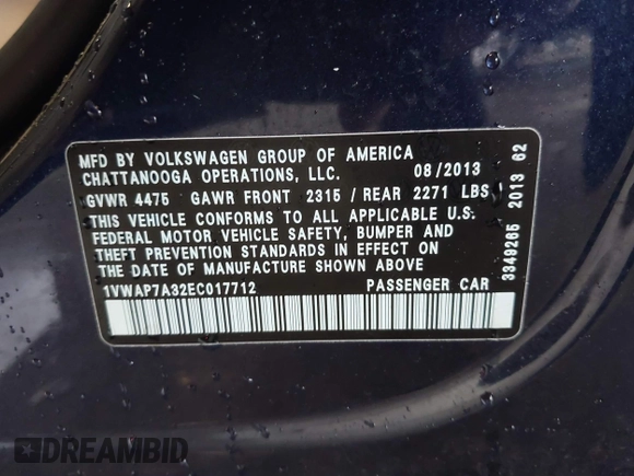 2014 Volkswagen Passat S с VIN 1VWAP7A32EC017712, выставлен на аукционе IAAI как лот 41846586 с пробегом 70 387 миль миль и . История ставок и продаж доступна на DreamBid. Изображение 9.