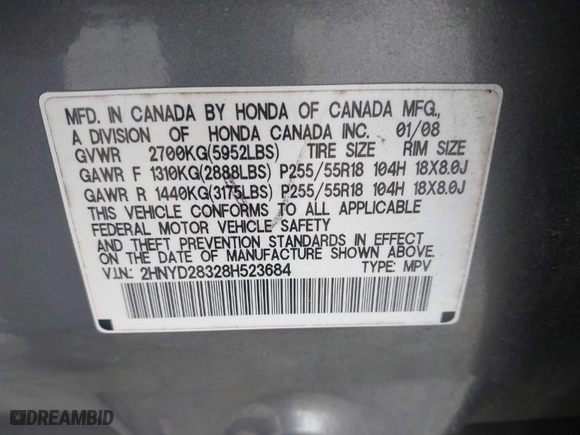 2008 Acura MDX Tech Pkg with VIN 2HNYD28328H523684, listed as a IAAI auction lot 41841650 with 189,165 mi miles. Bid and sale history available at carsss.com. Image 9.