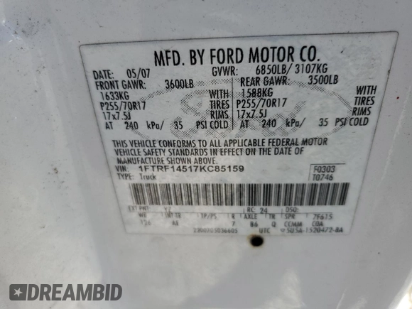 2007 Ford F-150 XL with VIN 1FTRF14517KC85159, listed as a Copart auction lot 83807384 with 178,898 mi miles and Salvage title. Bid and sale history available at DreamBid. Image 14.
