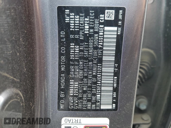 2018 Honda Clarity Plug-In Hybrid Touring with VIN JHMZC5F34JC021221, listed as a Copart auction lot 53005295 with 0 mi miles and Salvage Title. Bid and sale history available at carsss.com. Image 12.