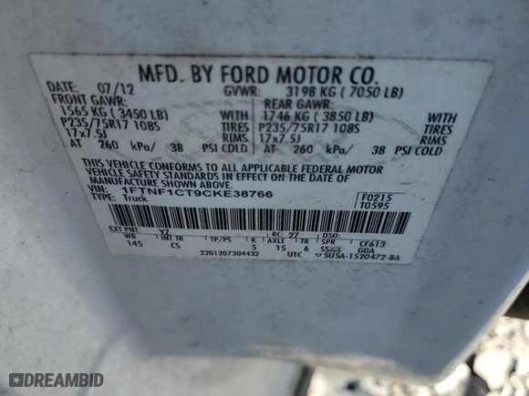 2012 Ford F-150 XL with VIN 1FTNF1CT9CKE38766, listed as a Copart auction lot 42395655 with 112,361 mi miles and Clean Title. Bid and sale history available at carsss.com. Image 12.