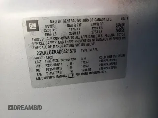 2013 GMC Terrain SLT z VIN 2GKALUEK4D6421573, wystawiony jako Copart lot #81677904 z przebiegiem Nie podano mil oraz Szkoda całkowita • Salvage title. Historia ofert i sprzedaży dostępna na DreamBid. Obrazek 14.