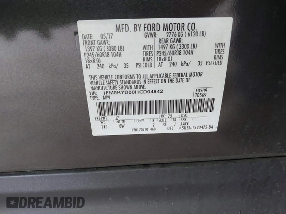 2017 Ford Explorer XLT with VIN 1FM5K7D80HGD04842, listed as a IAAI auction lot 41911091 with 90,680 mi miles and . Bid and sale history available at carsss.com. Image 9.