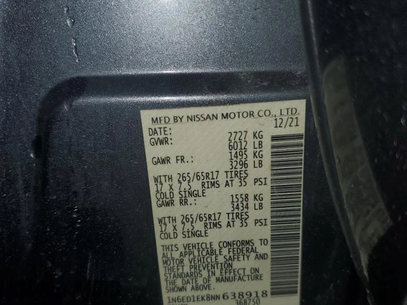 2022 Nissan Frontier Pro-4X z VIN 1N6ED1EK8NN638918, wystawiony jako Copart lot #61012615 z przebiegiem 59 297 mil mil oraz Szkoda całkowita • Salvage title. Historia ofert i sprzedaży dostępna na DreamBid. Obrazek 12.