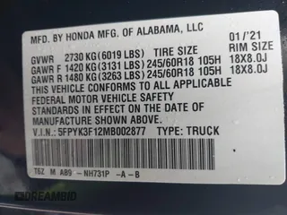 2021 Honda Ridgeline Sport with VIN 5FPYK3F12MB002877, listed as a IAAI auction lot 41576812 with 51,658 mi miles and . Bid and sale history available at DreamBid. Image 9.