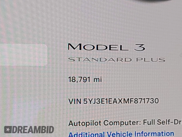 2021 Tesla Model 3 Standard Range Plus z VIN 5YJ3E1EAXMF871730, wystawiony jako IAAI lot #41794274 z przebiegiem 18 791 mil mil oraz . Historia ofert i sprzedaży dostępna na DreamBid. Obrazek 15.
