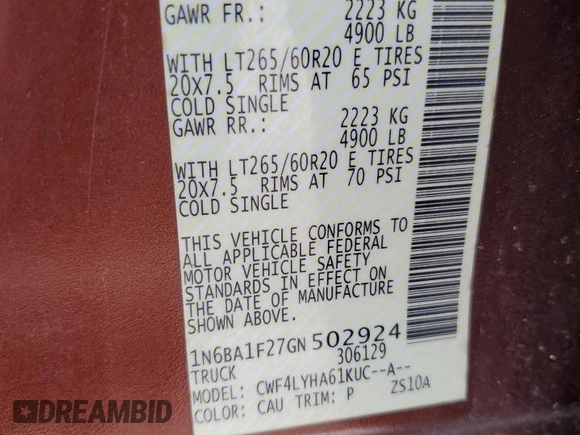 2016 Nissan Titan Platinum Reserve z VIN 1N6BA1F27GN502924, wystawiony jako Copart lot #51345105 z przebiegiem 90 215 mil mil oraz Szkoda całkowita • Salvage title. Historia ofert i sprzedaży dostępna na DreamBid. Obrazek 13.