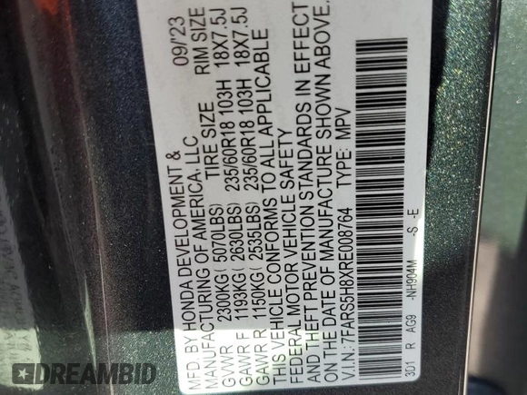 2024 Honda CR-V Sport-L with VIN 7FARS5H8XRE008764, listed as a Copart auction lot 48873115 with 14,582 mi miles and Salvage Title. Bid and sale history available at DreamBid. Image 13.
