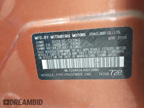 2018 Mitsubishi Mirage SE with VIN ML32A4HJ4JH012880, listed as a IAAI auction lot 42486804 with 28,468 mi miles and . Bid and sale history available at DreamBid. Image 9.