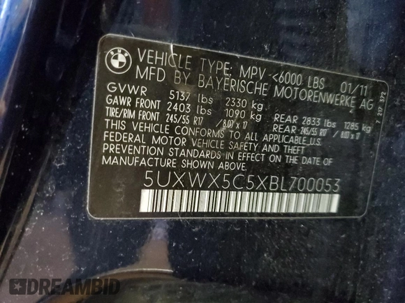 2011 BMW X3 28i with VIN 5UXWX5C5XBL700053, listed as a Copart auction lot 47085185 with 126,929 mi miles and Salvage Title. Bid and sale history available at carsss.com. Image 13.