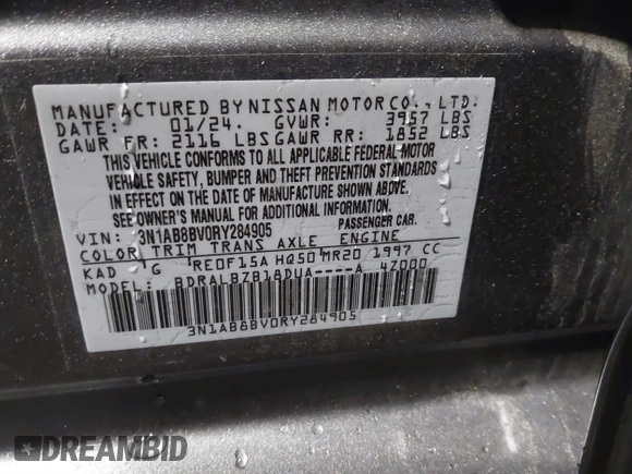 2024 Nissan Sentra S z VIN 3N1AB8BV0RY284905, wystawiony jako IAAI lot #41582687 z przebiegiem 37 302 mil mil oraz . Historia ofert i sprzedaży dostępna na DreamBid. Obrazek 9.