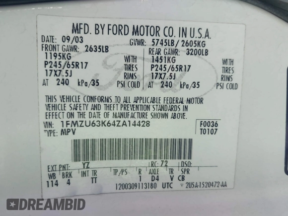 2004 Ford Explorer XLT с VIN 1FMZU63K64ZA14428, выставлен на аукционе IAAI как лот 42598088 с пробегом 302 420 миль миль и . История ставок и продаж доступна на DreamBid. Изображение 9.