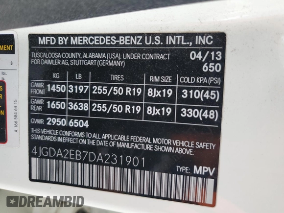 2013 Mercedes-Benz M 350 with VIN 4JGDA2EB7DA231901, listed as a Copart auction lot 51264615 with 118,197 mi miles and Salvage Title. Bid and sale history available at carsss.com. Image 12.