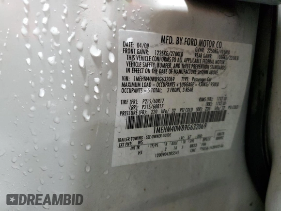 2009 Mercury Sable with VIN 1MEHM40W89G632069, listed as a Copart auction lot 80688264 with 171,996 mi miles and Salvage title. Bid and sale history available at DreamBid. Image 13.