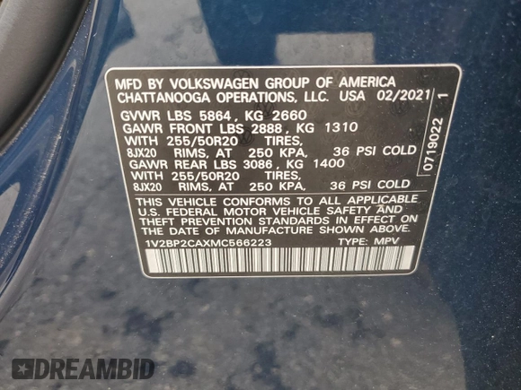2021 Volkswagen Atlas SEL with VIN 1V2BP2CAXMC566223, listed as a Copart auction lot 56785655 with 101,229 mi miles and Salvage title. Bid and sale history available at DreamBid. Image 14.