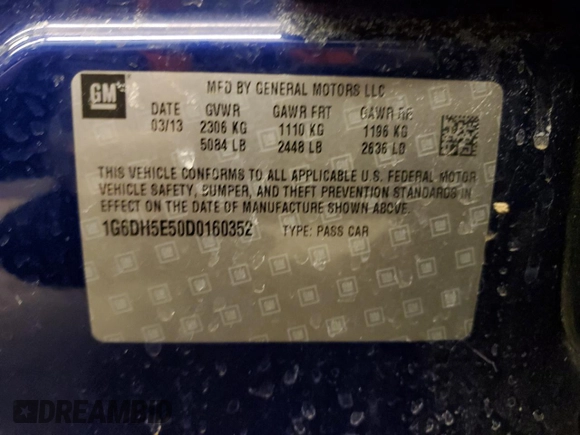 2013 Cadillac CTS Luxury with VIN 1G6DH5E50D0160352, listed as a Copart auction lot 43432565 with 107,237 mi miles and Salvage title. Bid and sale history available at DreamBid. Image 12.