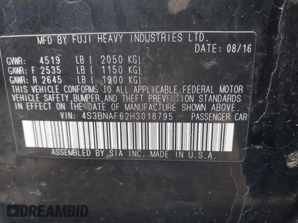 2017 Subaru Legacy Premium with VIN 4S3BNAF62H3018795, listed as a IAAI auction lot 42197693 with 85,816 mi miles and . Bid and sale history available at DreamBid. Image 9.