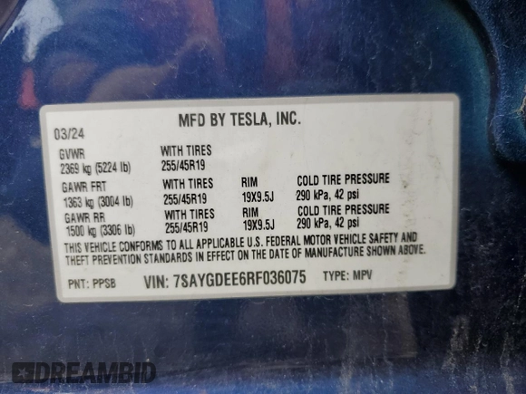 2024 Tesla Model Y Long Range with VIN 7SAYGDEE6RF036075, listed as a Copart auction lot 51275845 with Not Provided miles and Salvage Title. Bid and sale history available at DreamBid. Image 12.