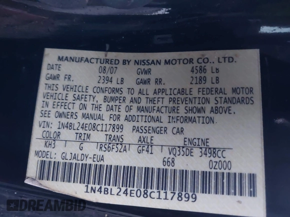 2008 Nissan Altima 3.5 SE with VIN 1N4BL24E08C117899, listed as a IAAI auction lot 41208854 with 126,534 mi miles. Bid and sale history available at carsss.com. Image 9.