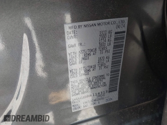 2024 Nissan Titan Pro-4X with VIN 1N6AA1ED8RN114313, listed as a IAAI auction lot 42498591 with 21,955 mi miles and . Bid and sale history available at DreamBid. Image 9.