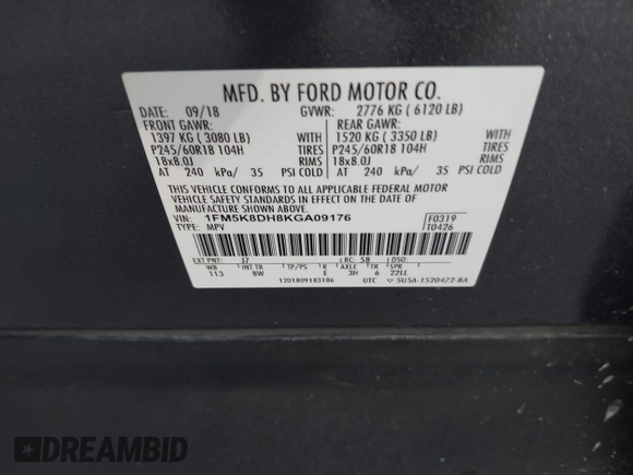 2019 Ford Explorer XLT with VIN 1FM5K8DH8KGA09176, listed as a IAAI auction lot 41965007 with 138,208 mi miles and . Bid and sale history available at DreamBid. Image 9.
