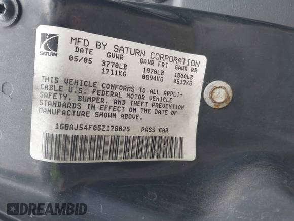 2005 Saturn ION ION 2 z VIN 1G8AJ54F05Z178825, wystawiony jako IAAI lot #41834926 z przebiegiem 181 335 mil mil oraz . Historia ofert i sprzedaży dostępna na DreamBid. Obrazek 9.