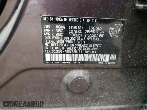 2022 Honda HR-V EX-L with VIN 3CZRU6H78NM725151, listed as a Copart auction lot 46892185 with 68,588 mi miles and Salvage Title. Bid and sale history available at carsss.com. Image 13.
