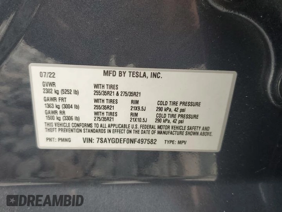 2022 Tesla Model Y Performance с VIN 7SAYGDEF0NF497582, выставлен на аукционе Copart как лот 65131685 с пробегом 50 948 миль миль и Чистый • Clean title. История ставок и продаж доступна на DreamBid. Изображение 13.