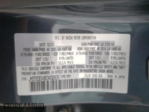 2014 Mazda CX-9 Grand Touring with VIN JM3TB3DV8E0432509, listed as a Copart auction lot 51504322 with 57,835 mi miles and Salvage Title. Bid and sale history available at DreamBid. Image 10.