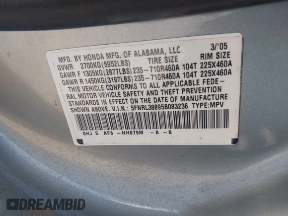 2005 Honda Odyssey Touring с VIN 5FNRL38895B083236, выставлен на аукционе IAAI как лот 42043046 с пробегом 205 141 миль миль и . История ставок и продаж доступна на DreamBid. Изображение 9.