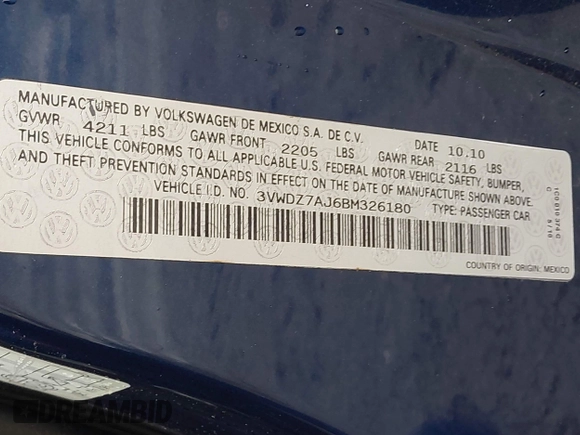 2011 Volkswagen Jetta Sedan SE w/Convenience & Sunroof PZEV with VIN 3VWDZ7AJ6BM326180, listed as a IAAI auction lot 41978482 with 137,189 mi miles. Bid and sale history available at carsss.com. Image 9.
