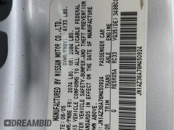 2006 Nissan 350Z Touring z VIN JN1AZ36A76M450924, wystawiony jako Copart lot #47313125 z przebiegiem 107 621 mil mil oraz Szkoda całkowita • Salvage title. Historia ofert i sprzedaży dostępna na DreamBid. Obrazek 14.
