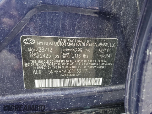 2012 Hyundai Sonata GLS with VIN 5NPEB4AC0CH501171, listed as a Copart auction lot 49035834 with 61,249 mi miles and Salvage Title. Bid and sale history available at carsss.com. Image 12.