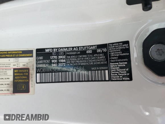 2011 Mercedes-Benz SLK 300 with VIN WDBWK5EA3BF241584, listed as a Copart auction lot 51856215 with 48,775 mi miles and Salvage title. Bid and sale history available at DreamBid. Image 12.