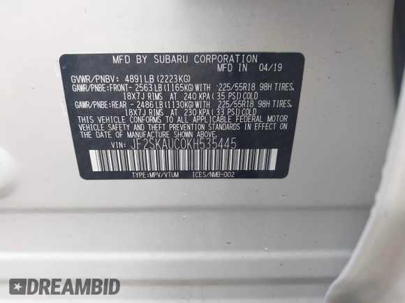 2019 Subaru Forester Limited with VIN JF2SKAUC0KH535445, listed as a IAAI auction lot 42628804 with 16,742 mi miles and . Bid and sale history available at DreamBid. Image 9.