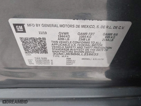 2020 Chevrolet Trax LS with VIN 3GNCJKSB6LL216633, listed as a IAAI auction lot 41861249 with 52,192 mi miles. Bid and sale history available at carsss.com. Image 9.