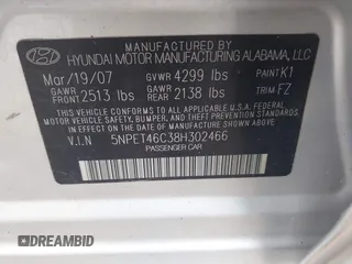 2008 Hyundai Sonata GLS z VIN 5NPET46C38H302466, wystawiony jako IAAI lot #42148608 z przebiegiem 84 965 mil mil oraz . Historia ofert i sprzedaży dostępna na DreamBid. Obrazek 9.
