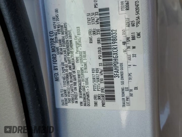 2012 Ford Fusion SE with VIN 3FAHP0HGXCR198032, listed as a Copart auction lot 56232155 with 130,473 mi miles and Clean title. Bid and sale history available at DreamBid. Image 12.