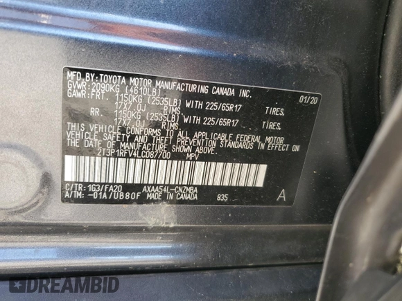 2020 Toyota RAV4 XLE with VIN 2T3P1RFV4LC087700, listed as a Copart auction lot 49390655 with 0 mi miles and Salvage Title. Bid and sale history available at carsss.com. Image 15.